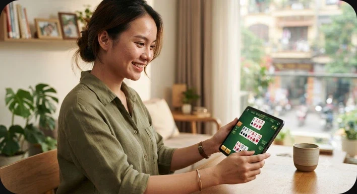 Bàn tay người chơi cầm bộ bài chiến thuật trong game tiến lên miền nam online