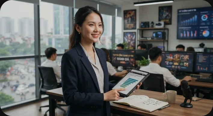 Bảng điều khiển holographic hiển thị 5 tiêu chí đánh giá cổng game uy tín với các biểu tượng phát sáng