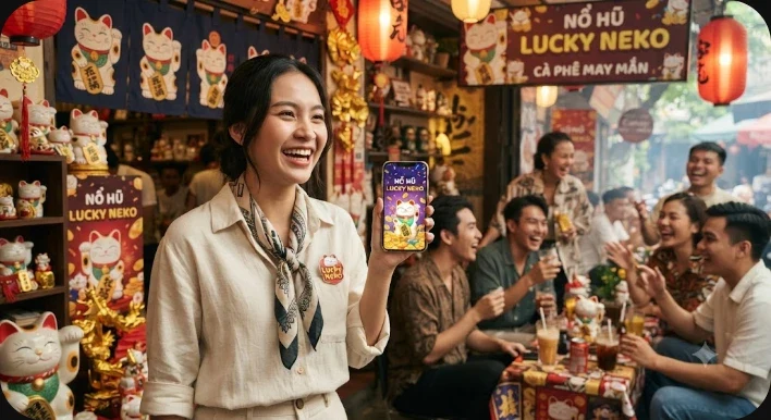 Biểu tượng Lucky Neko mèo may mắn cùng guồng quay slot và vàng rơi trong ánh sáng neon