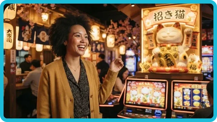 Biểu tượng Lucky Neko mèo may mắn cùng guồng quay slot và vàng rơi trong ánh sáng neon