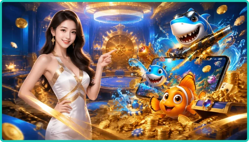 cinematic-game-interface-illustration-for-fish-shooting-game-with-neon-blue-and-gold-lighting-design Cinematic game interface illustration for fish shooting game with neon blue and gold lighting design