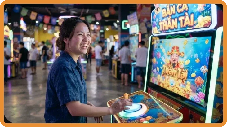 Đồ họa 3D underwater arena trong game bắn cá thần tài với rương kho báu và súng laser