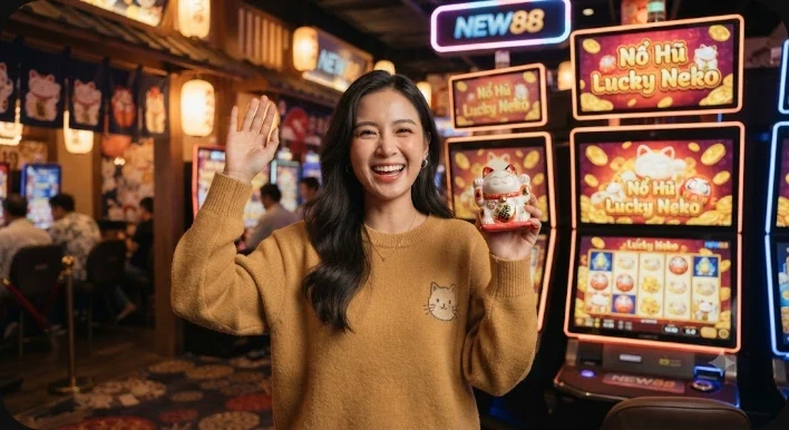 Giao diện game slot Lucky Neko cao cấp với biểu tượng mèo vàng và phần thưởng thưởng nổi bật