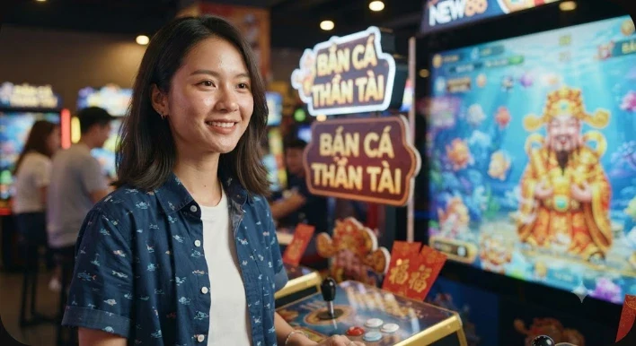 Không gian VIP gaming lounge với màn hình ultrawide và phần thưởng vàng lơ lửng