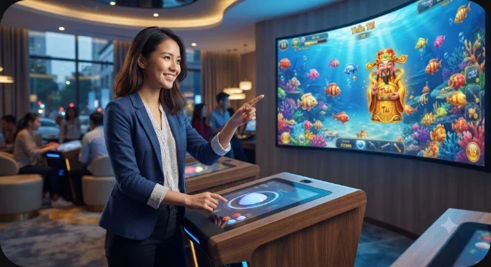 Laptop gaming hiển thị game bắn cá thần tài với tay cầm arcade và giao diện holographic