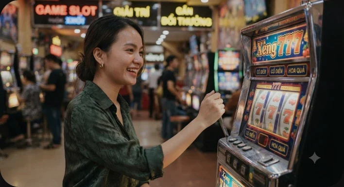 Máy xèng 777 với các biểu tượng slot truyền thống và đồng xu vàng