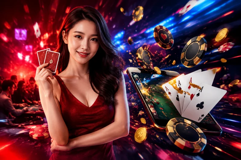 Minh họa các thể loại poker phổ biến với ánh sáng neon cao cấp và chiều sâu cinematic