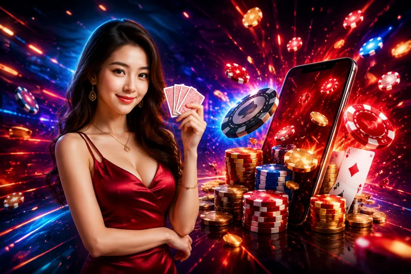 Minh họa các tiêu chí quan trọng khi chọn nền tảng poker online với giao diện hiện đại, ánh sáng neon cao cấp