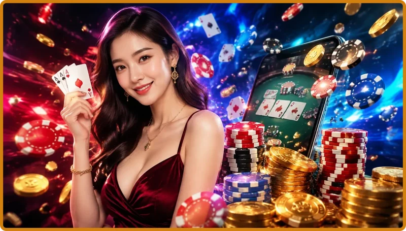 Minh họa các tiêu chí quan trọng khi chọn nền tảng poker online với giao diện hiện đại, ánh sáng neon cao cấp