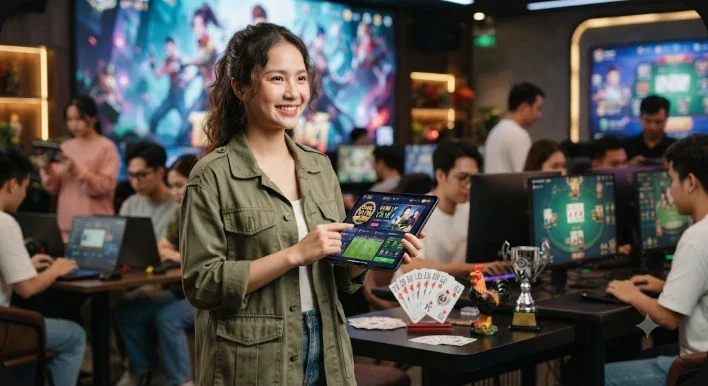 Rương kho báu kỹ thuật số phát sáng với các biểu tượng phần thưởng và bảo mật nổi trong không gian